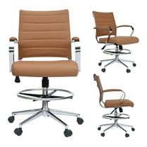 Homelala Office Tan Drafting Chair Ribbed Padded Open Mid Back With Wheels And Arms For Home Office Conference Room Tilt Ribbed Adjustable Height Chrome Swivel and Chrome Foot Rest, Set of 1, 1 piece