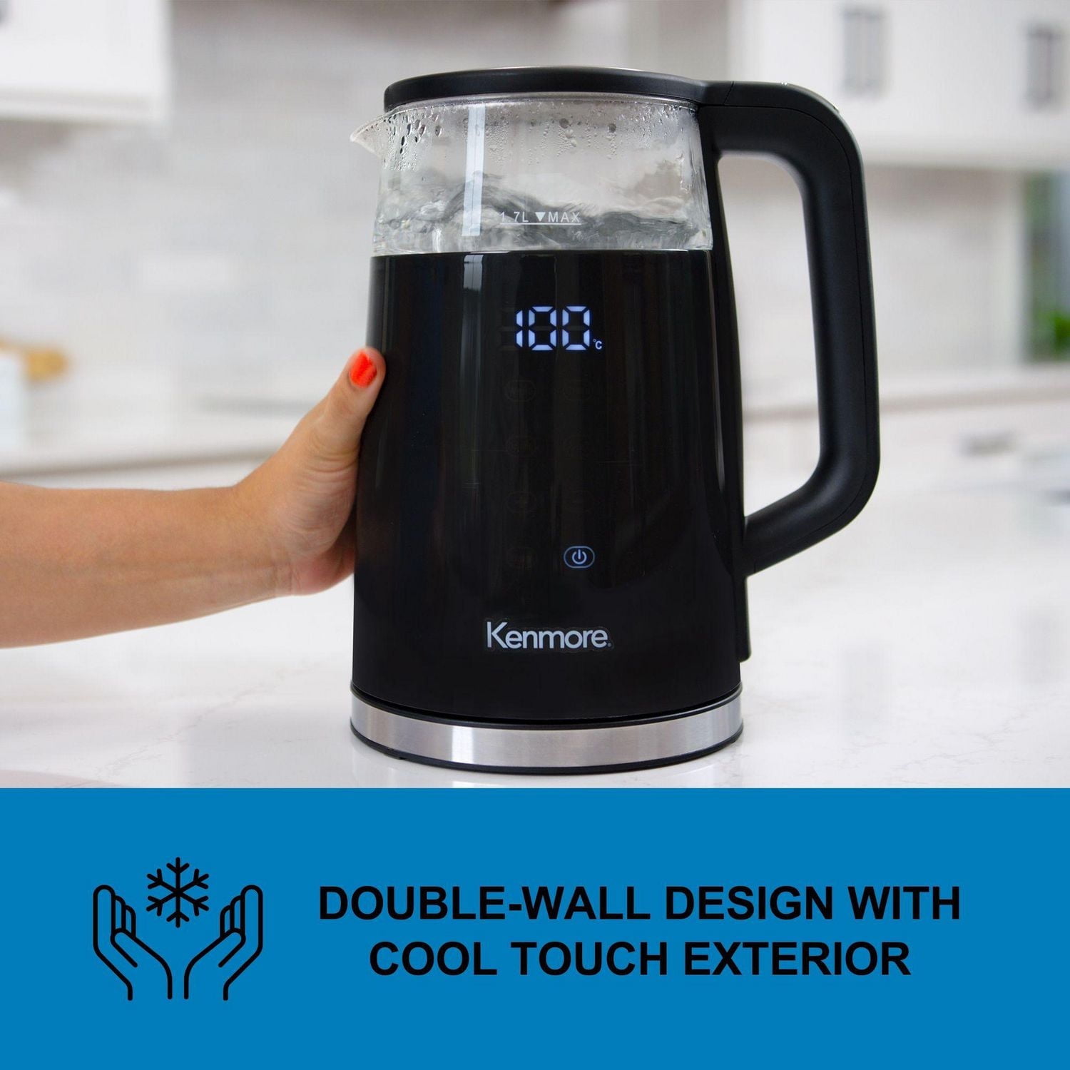 Kenmore 1.7L Electric Kettle Portable Electric Glass Kettle with Temperature Control Digital Display, Lid Glass Electric Kettle, Black
