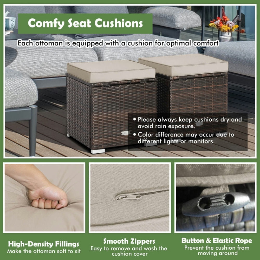 Kadyn Footstool, Side Table, Patio Ottoman, Footrest Ottoman Seat,2 Pieces Patio Ottoman with Removable Cushions-Brown