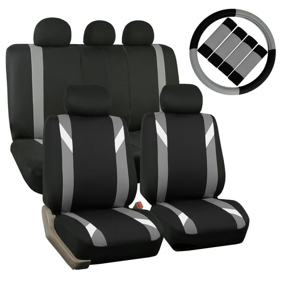 FH Group Car Seat Covers Premium Modernistic for Sedan, SUV, Van, Full Set w/ Steering Cover & Belt Pads, Gray Black