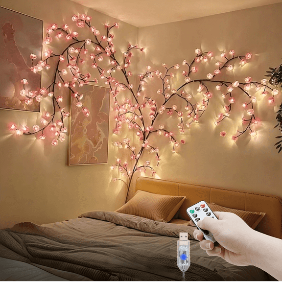 Cherry Blossom Lights Wall Decor,5.91FT 96 LED Tree Branch Lights for Wall 8 Modes Willow Vine Light with Flowers for Bedroom, Wall, Door and Window Christmas Wedding Festival InteriorDecor