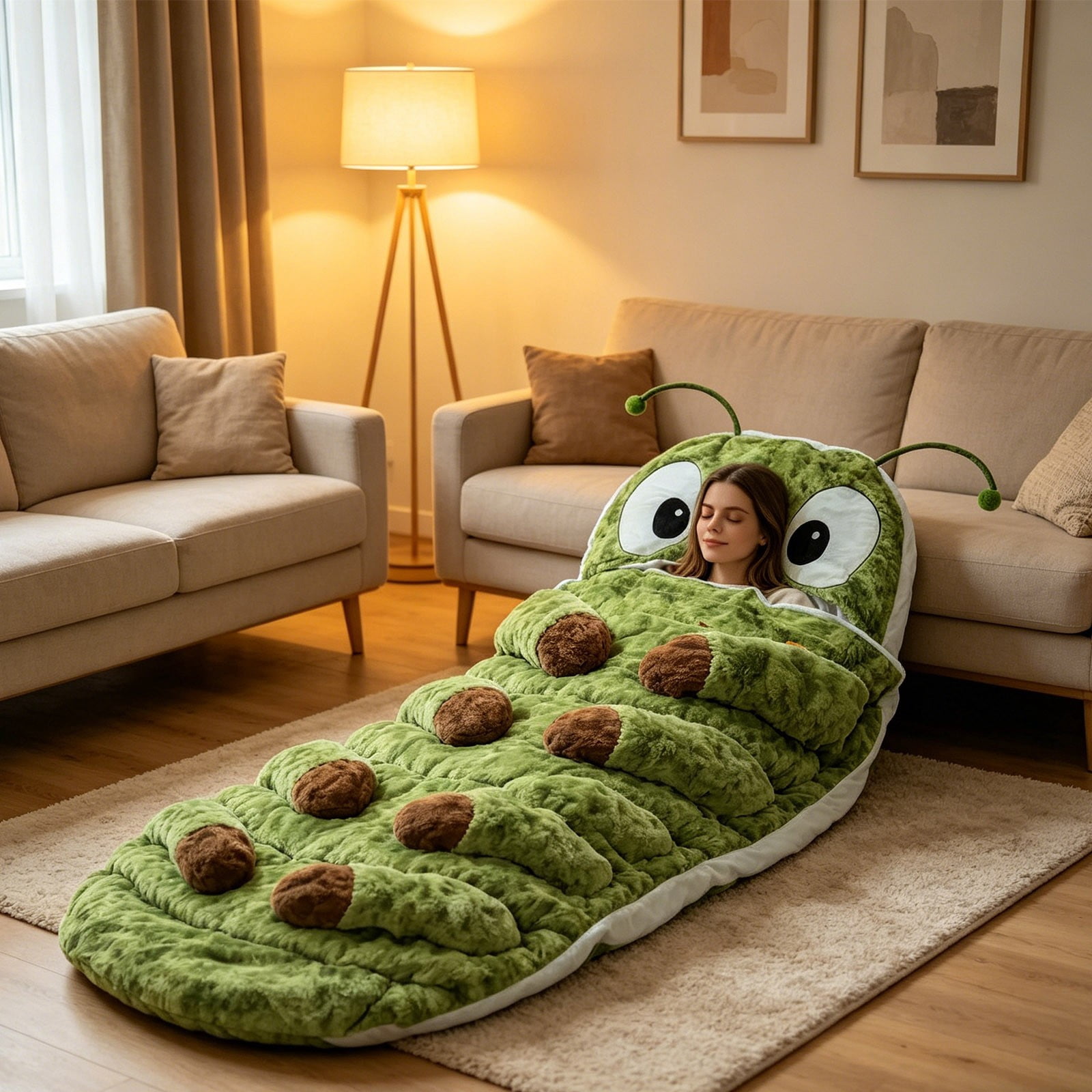 Caterpillar Shaped Plush Sleeping Bag for Adults, Cozy Hugging Cocoon Sleeping Bag with Pull Cord, Soft Fleece Wearable Lounger for Napping, Reading, and Movie Nights,74.8*29.9 in.Green