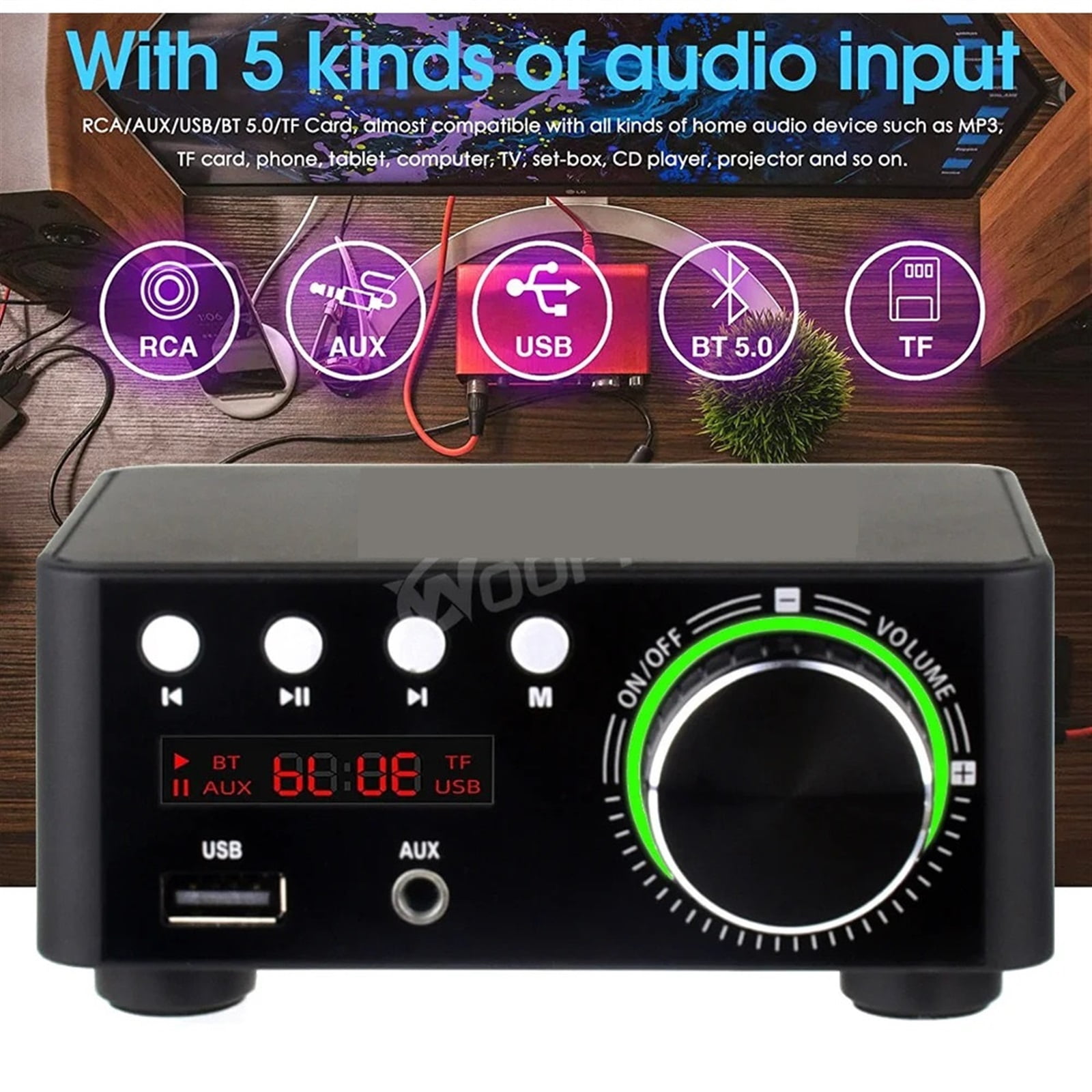 5.0 HIFI Power Amplifier 50Wx2 Channel 2.0 Home Car Digital Audio AMP USB U-disK TF Music Player ,Bass & Treble Control
