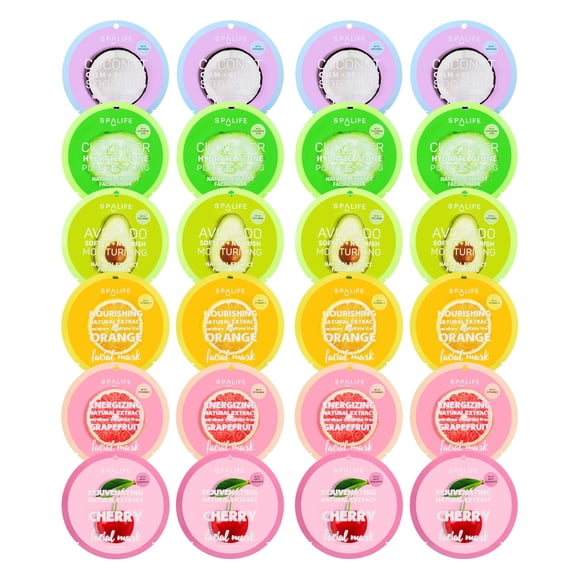Mascarillas faciales SpaLife Beauty Fruit, paquete de 24 unidades, hidratantes