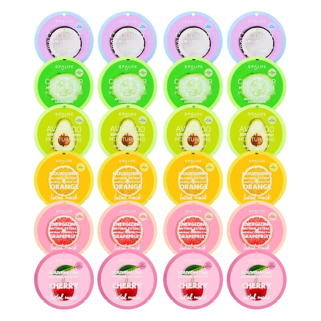 Mascarillas faciales SpaLife Beauty Fruit, paquete de 24 unidades, hidratantes