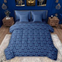 Feelyou Blue Damask Flower Bedding Comforter Set 7pcs, Boho Gothic Moth Queen Bedding Sets