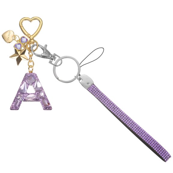 Uxcell Cute Initial Letter Keychain - Bling Love Heart Star Keychains Women Key Chain with Wristlet for Bag Backpack Purse Car Keys Cup Accessories, Purple (Letter-A)