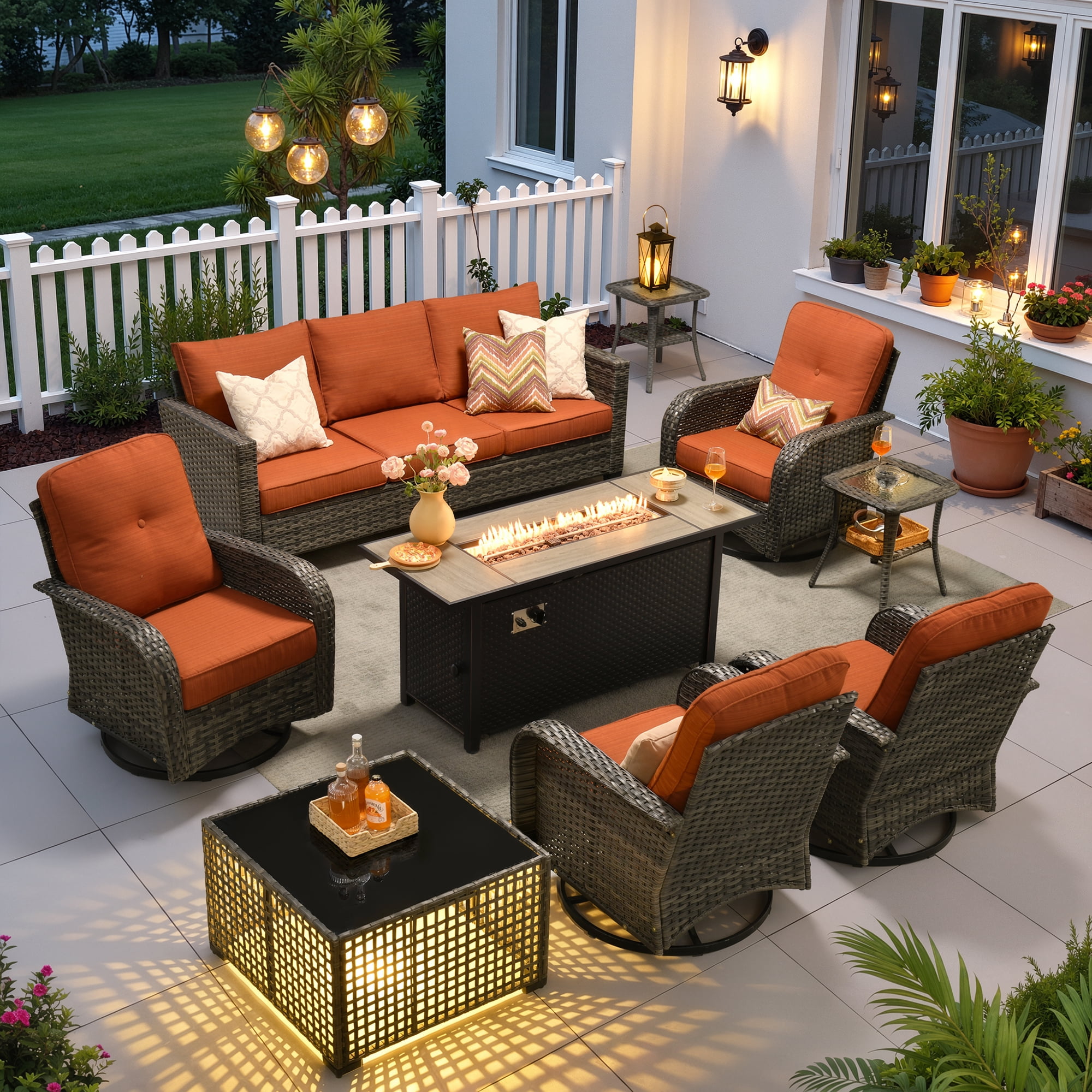 Ovios 9 Pieces Patio Furniture Set with Fire Pit Table Outdoor Conversation All-Weather Rattan Sectional Sofa with Swivel Chairs & Solar Light Table