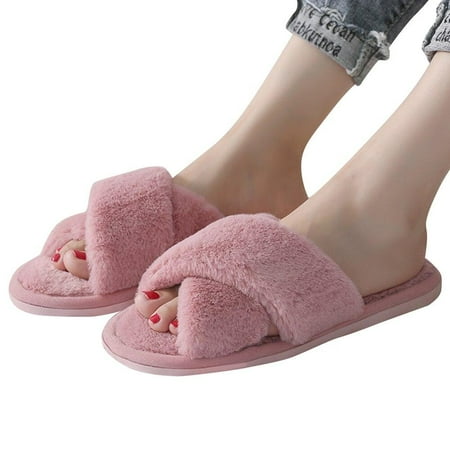 

[BRAND FACTORY PRICE!]Women s Cross Band Slippers Soft Plush Cozy Open Toe House Shoes Indoor Outdoor Faux Rabbit Warm Comfy Slip On Breathable