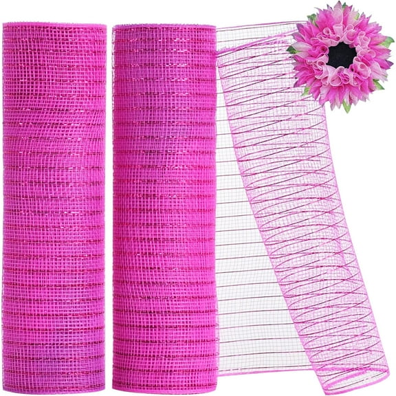 2 Rolls 10 Inch Hot Pink Decorative Mesh Ribbbon Rolls, Fabric Mesh with Foil for Mesh Wreath Supplies, Front Door Wreath Tree Decor Christmas NewYears Halloween Decoration (10 yds/roll) hot pink