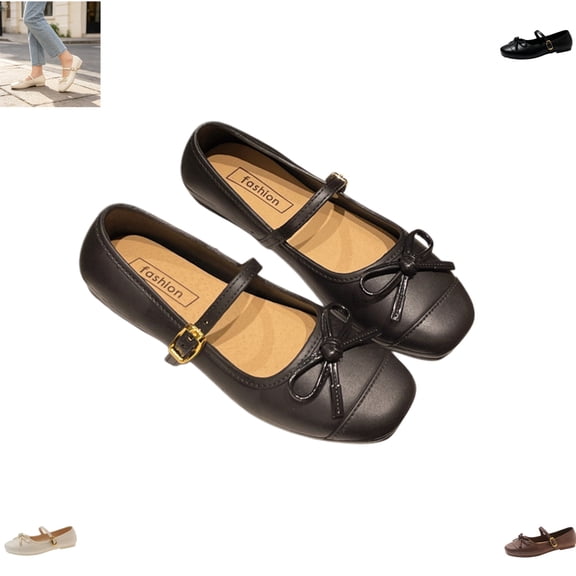 YOUYEDIAN Mary Jane Shoes Women Vesatile Bowtie Deco Comfy Casual Slip On Low Heel Flats Square Toe Fashion Dress Shoes