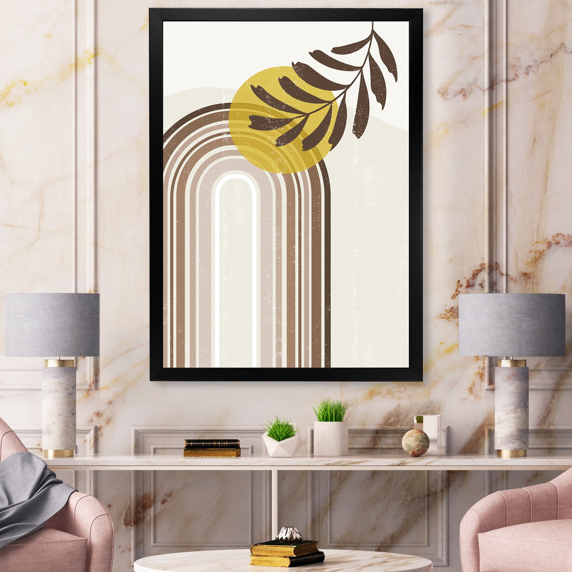 Designart 'Abstract Moon and Sun With Leaf In Earth Tones' Modern Framed Art Print