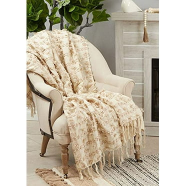 Fennco Styles Boho Fringe Striped Throw Blanket with Tassel 50" W x 60" L – Natural Blanket for Couch, Bedroom and Living Room Décor