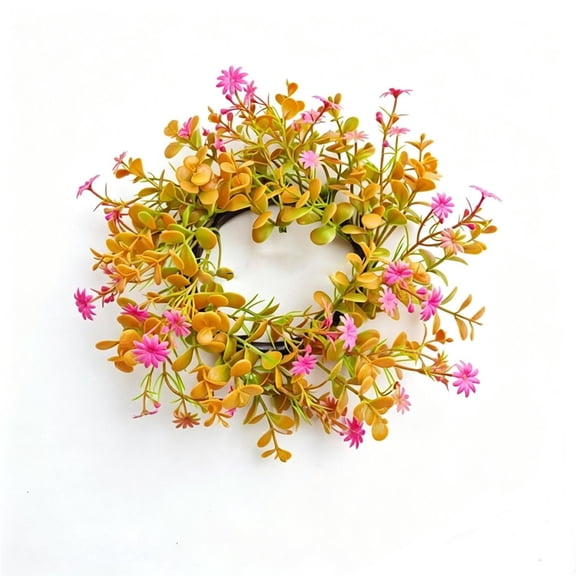 MYUNNIL Artificial Fall Candle Wreath, Simulated Mini Yellow Green Floral Ring for Candle Ornaments with Pink Flowers, 7" Thanksgiving Rustic Decorative Garlands for Table Mantel Shelf Front Door
