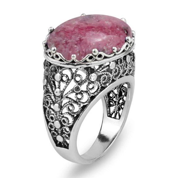 Filigree Art Rhodonite Gemstone Women Silver Dome Statement Ring