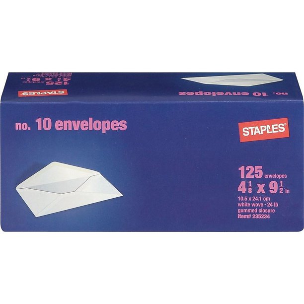 Staples Gummed White Wove 10 Std Business Envelopes 4 1/8"x9.5" White
