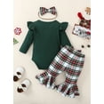thumbnail image 4 of Elippeo Baby Girl Christmas Clothes 3M 6M 12M 18M Ribbed Long Sleeve Romper with Plaid Flare Pants and Bow Headband Outfit, 4 of 9
