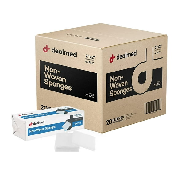 Dealmed Éponges en Gaze Non Tissée 2 Pouces x 2 Pouces (200 Unités) 4 Épaisseurs Tout Usage Non Stériles Absorbantes Gaze Dentaire Produit de Soins des Plaies pour Trousse de Premiers Soins/installations Médicales (Caisse de 20)