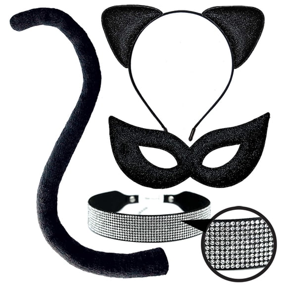 Glitter and Rhinestone Cat Costume Accessory Set with Glitter Masquerade Cat Mask and Cat Ears with Tail and Rhinestone Choker