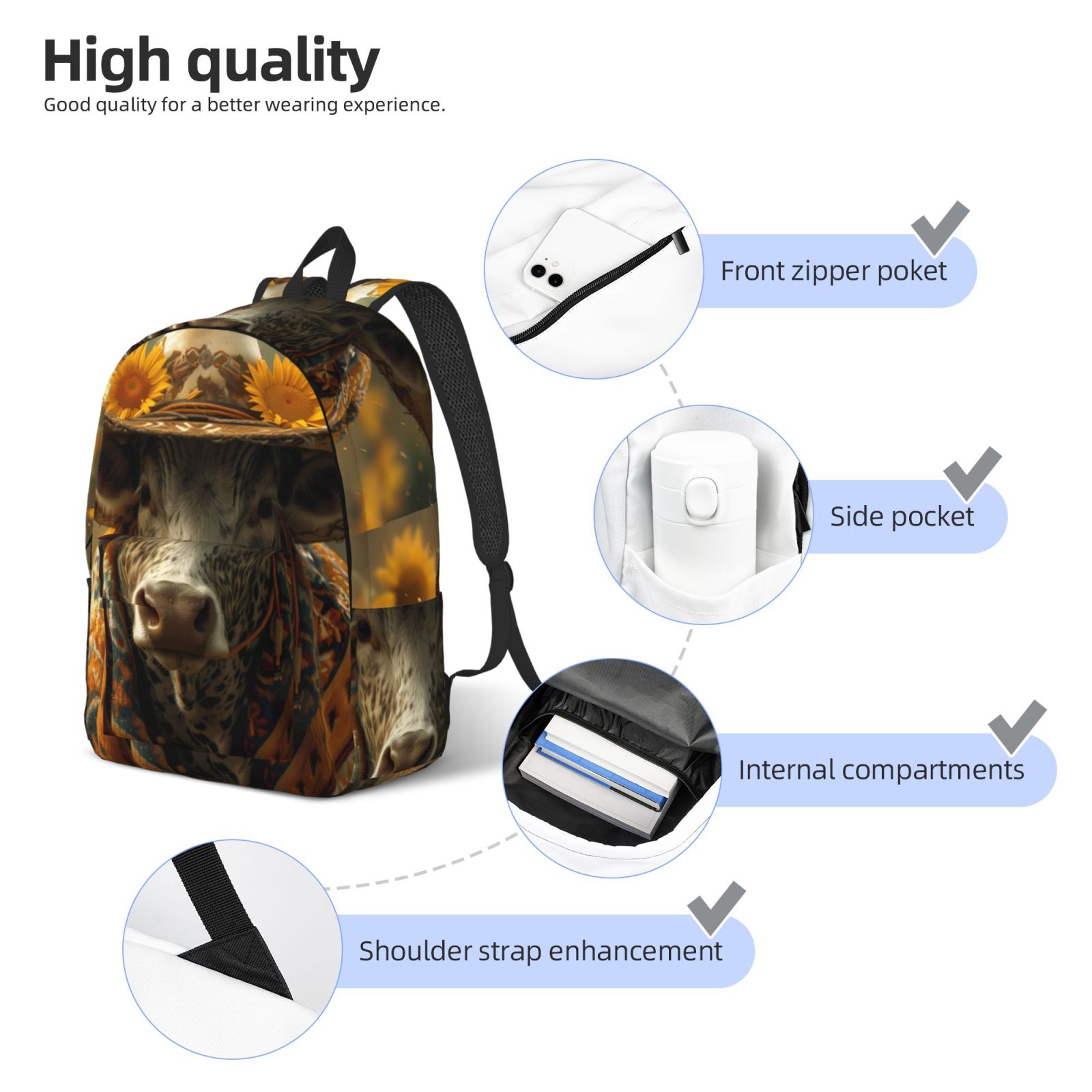 Vsdgher Sunflower Cowboy Hat Cow Print Canvas Backpack Travel Rucksack Unisex Knapsack 15.7/17.7Inch Laptop Backpack for Work,College -Medium