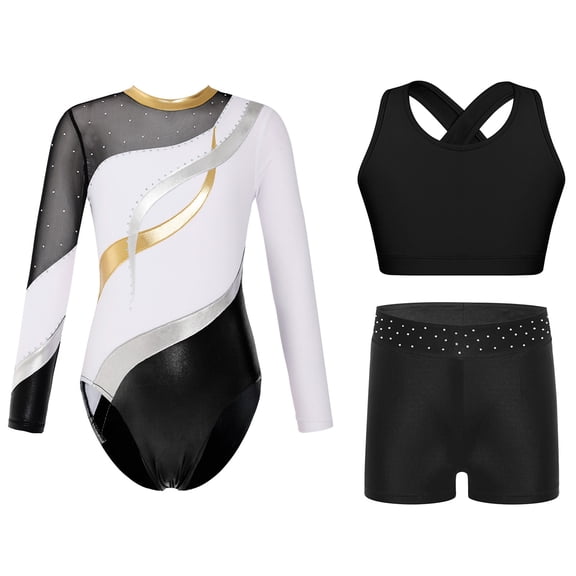 TiaoBug Kids Girls Long Sleeve Gymnastics Leotard Vest with Athletic Shorts Ballet Unitard Dancewear White 10