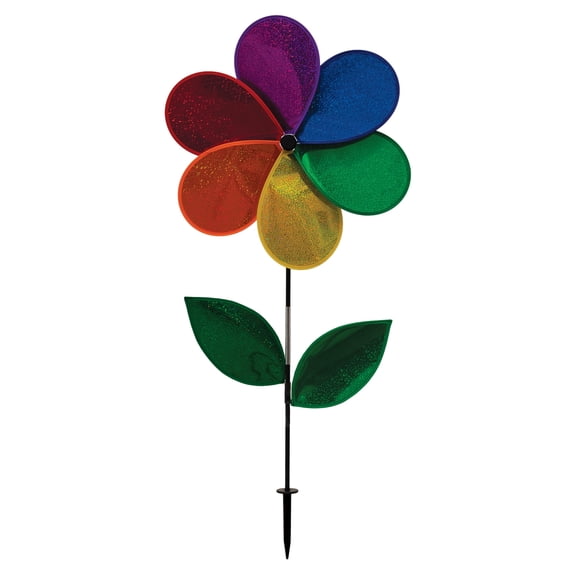 In The Breeze 2873 — 19-inch Rainbow Glitter Flower Spinner with Leaves— Sparkly and Colorful Wind Spinner for Your Yard or Garden