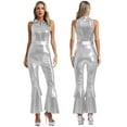 thumbnail image 6 of iiniim Women 70s 80s Disco Dance Metallic Shiny Sleeveless Jumpsuit for Halloween Party Silver S, 6 of 7