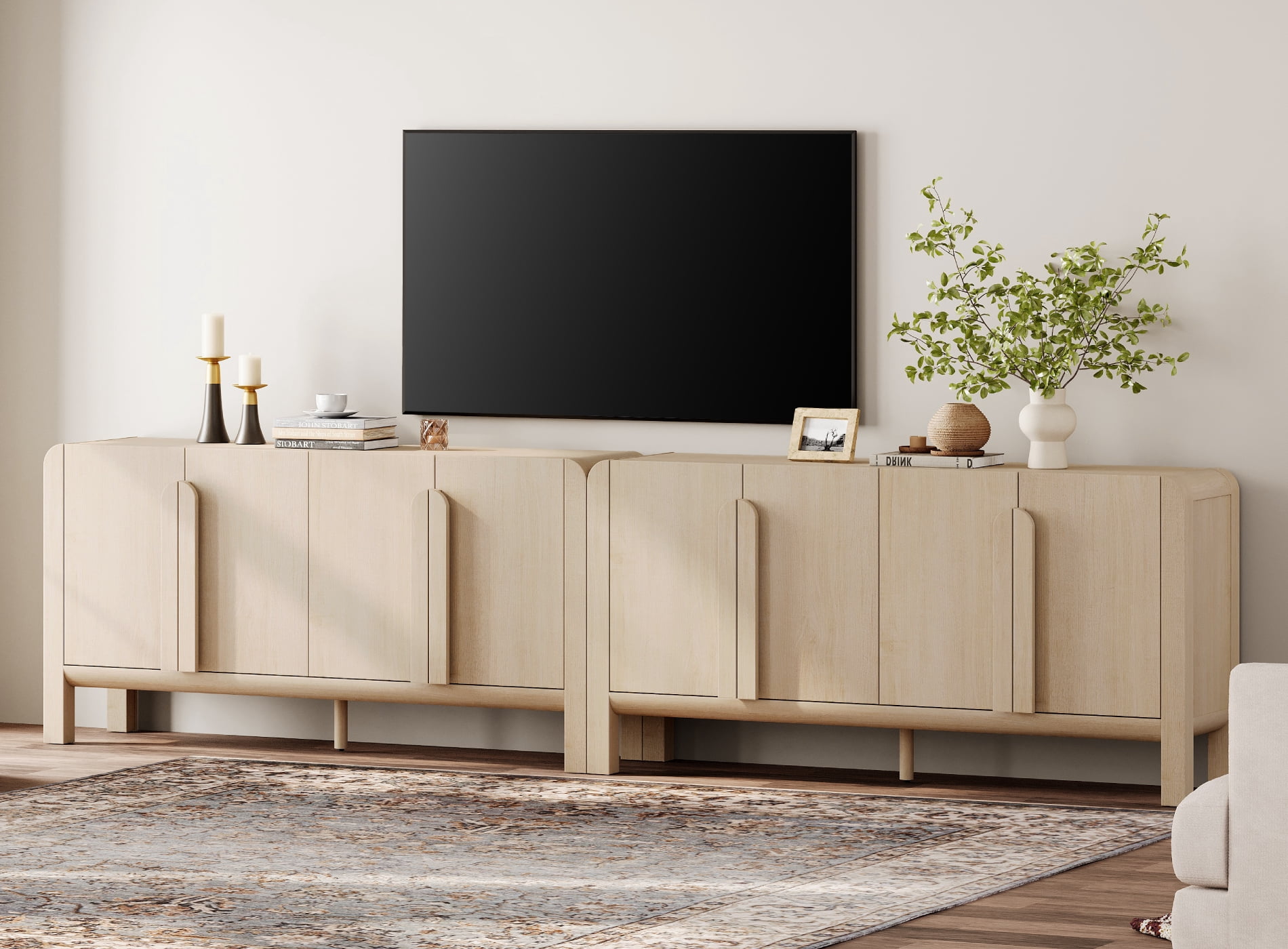 126" Accent Cabinet with 8 Doors and Adjustable Shelves, Modern Credenza Storage Cabinet with Curved Profile Design for Living Room, Kitchen, Dining Room, Hallway