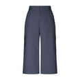thumbnail image 4 of Fesfesfes Women's Trendy Britches Summer Solid Color High-Waisted Wide-Leg Pants Casual Loose Mid-Calf Length Trousers with Pockets(Navy#1,XL), 4 of 5