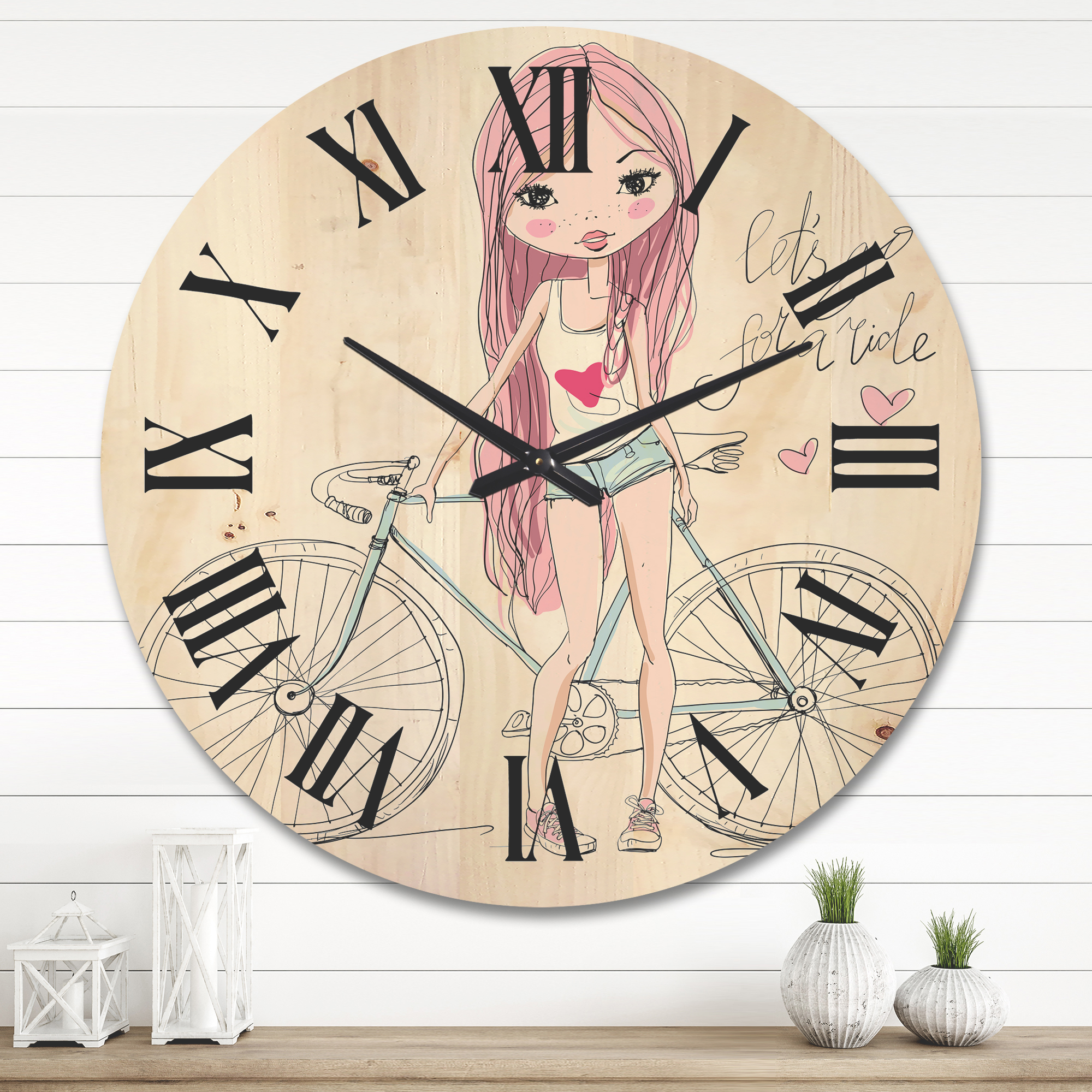 Designart 'Young Woman With Bicycle' Children's Art Wood Wall Clock