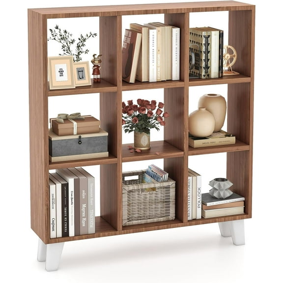 Hyxoo 9-Cube Bookcase, Freestanding 3-Tier Bookshelf with 6 Removable Shelves, Open Back DIY Storage Organizer with Raised Support Feet for Living Room Study Office,Brown
