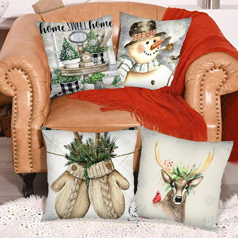 1/4PCS Merry Christmas Throw Pillow Covers Deer Snowflakes Snowman  Decorative Pillow Covers for Sofa Couch Bed and Car Throw Pillow Covers 