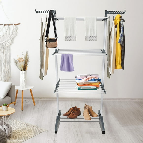 Foldable 4-Tier Clothes Drying Rack, Garment Laundry Hanger Rack with 2 Side Wings and 4 Casters - SortWise