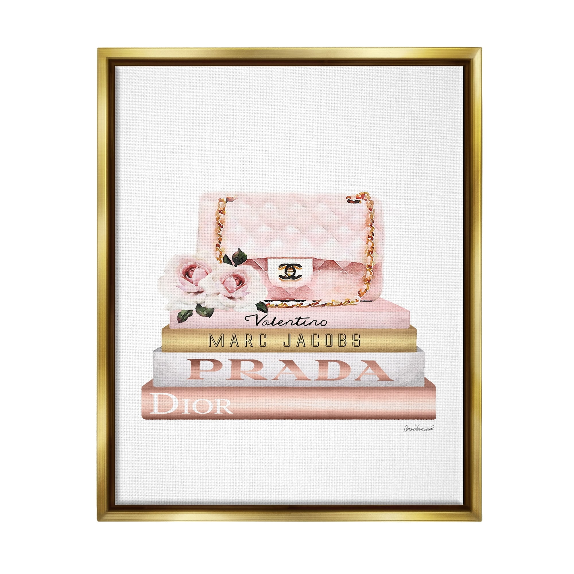 Stupell Industries Pink Purse Gold Bookstack Glam Fashion Watercolor Design Luster Gray Framed Floating Canvas Wall Art, 24x30, by Amanda Greenwood