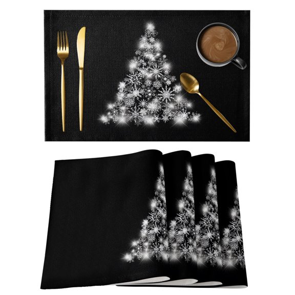 Merry Christmas White Snowflake Placemats Set of 6,Wipeable Washable Table Mats for Dining Tables, Winter Xmas Tree Black Place Mats for Kitchen Event Party Tabletop Decor