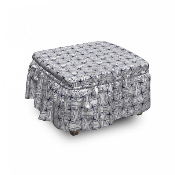 Abstract Ottoman Cover, Stripes and Half Circles, 2 Piece Slipcover Set with Ruffle Skirt for Square Round Cube Footstool Decorative Home Accent, Standard Size, Dark Night Blue White, by Ambesonne