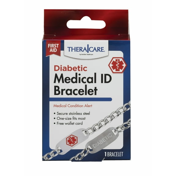 Thera|Care Diabetic Medical ID Bracelet | Stainless Steel | Adjustable 10” Chain Link | Lobster Claw Clasp | Includes Emergency Wallet Card | for Men & Women | Medical Identification Jewelry