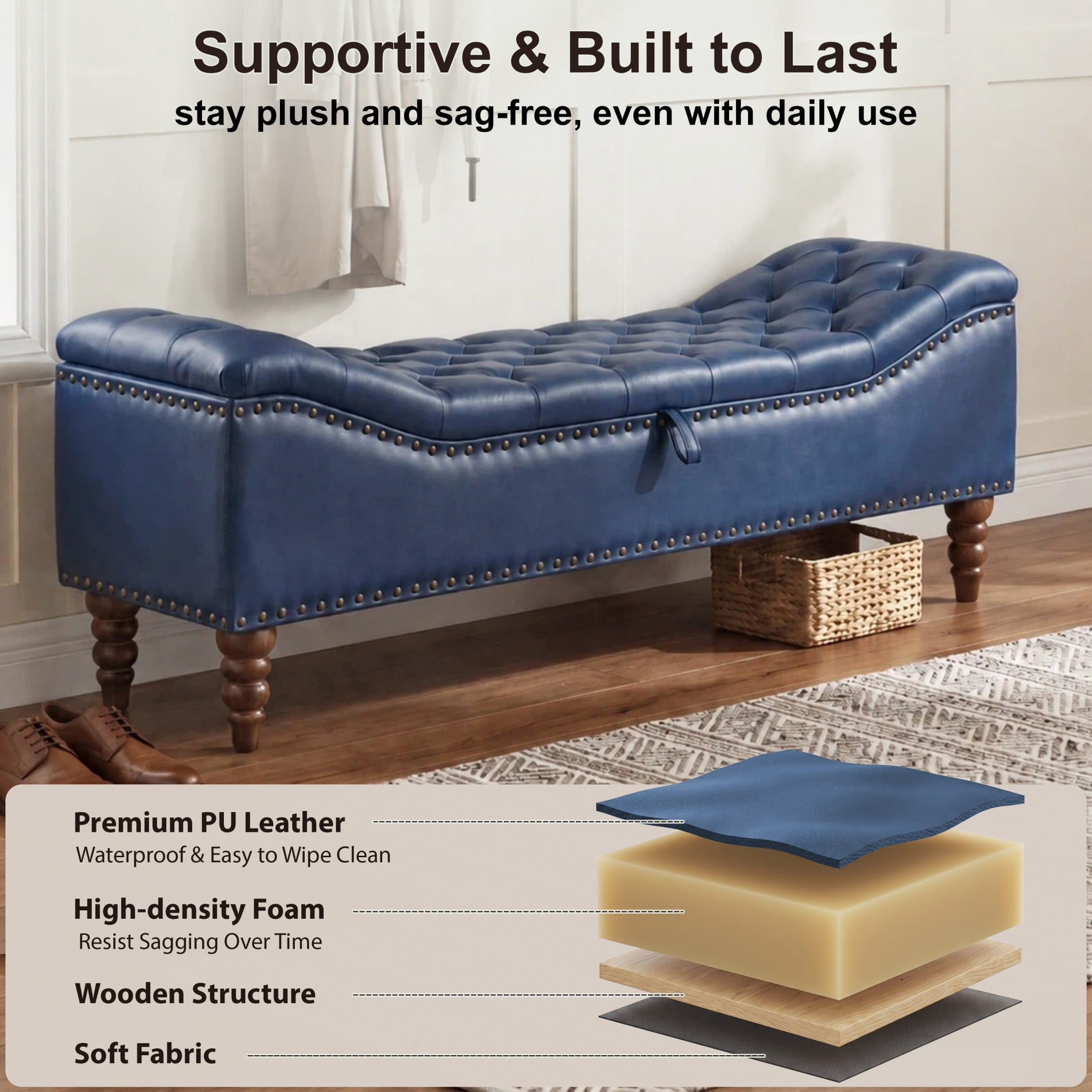 Christopher Knight Home PU Leather Storage Bench, Button-Tufted Ottoman with Nailhead Trim, Navy