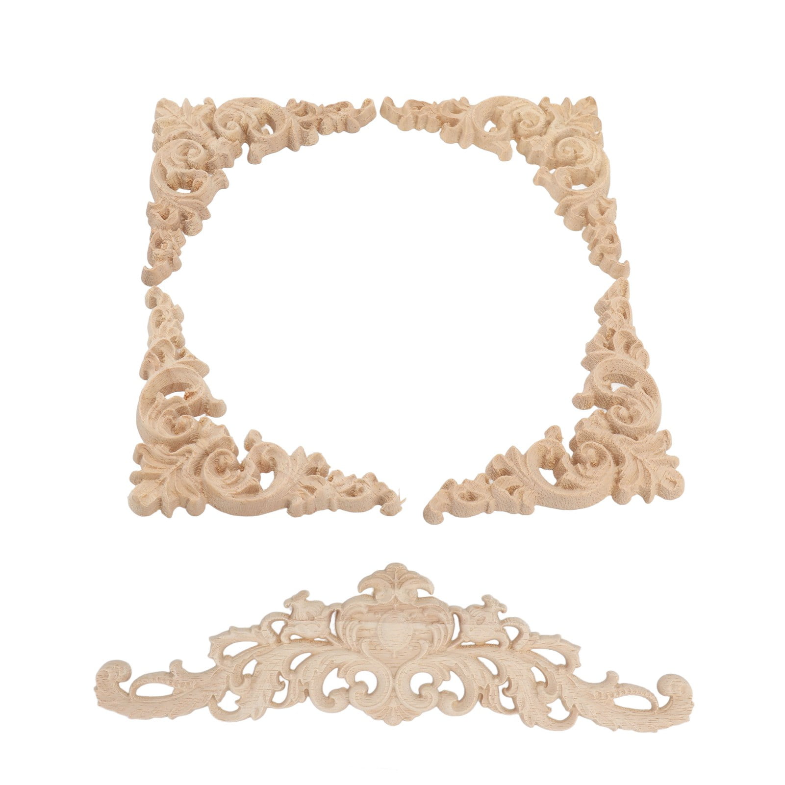 Wooden Onlay Applique, 4 Corner Onlays And 1 Onlay 5Pcs Unpainted Wood