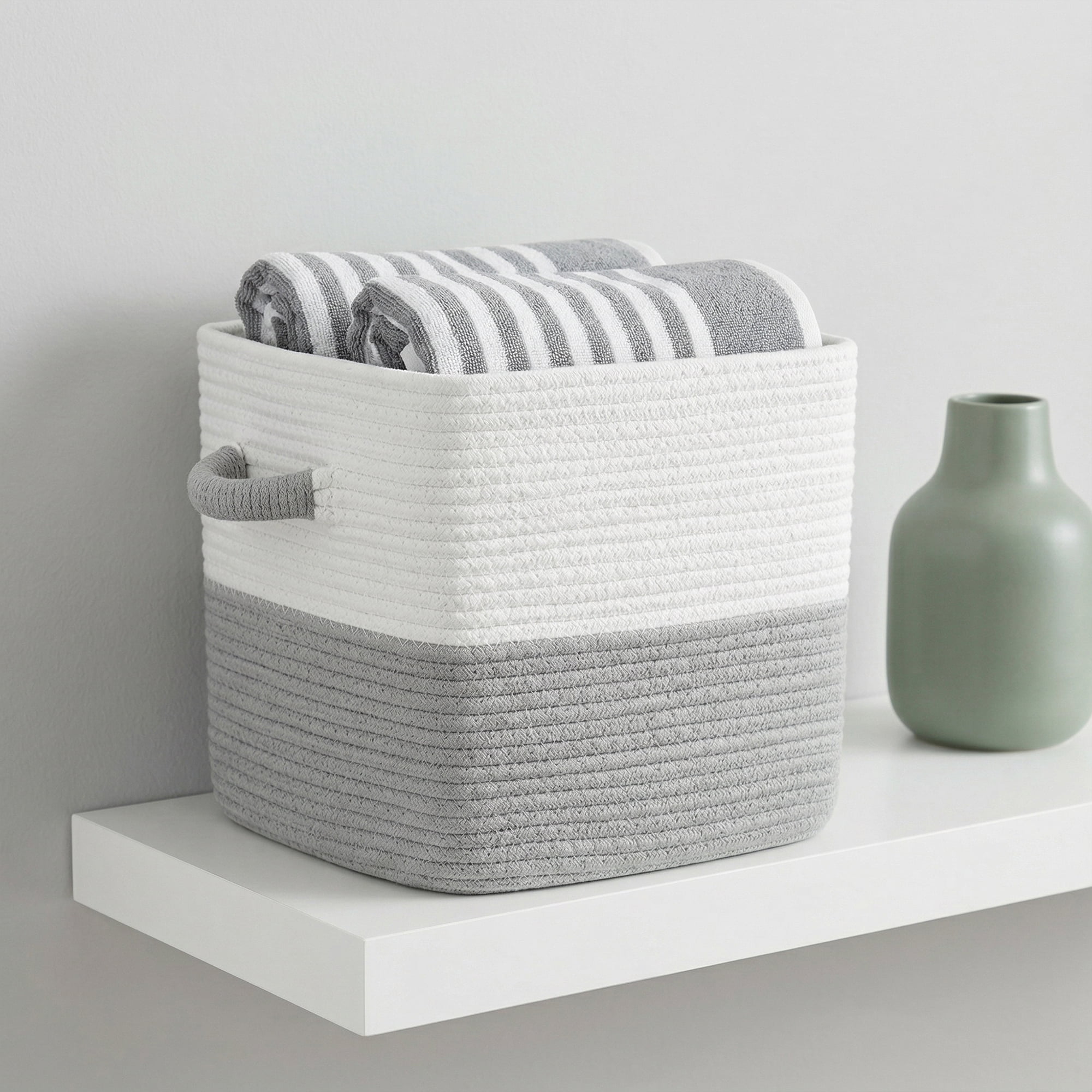 Unique Bargains Woven Storage Basket Shelf Closet White Grey 11*11*11in