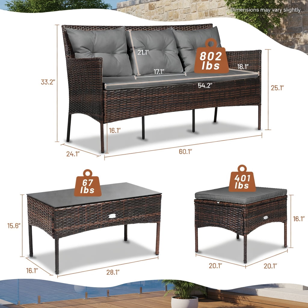 Hommoo 3-Piece Modern Outdoor Patio Sectional Set with Steel Frame, All-Weather Rattan Sofa, Ottoman & Tempered Glass Coffee Table, Includes 5 Cushions, Gray