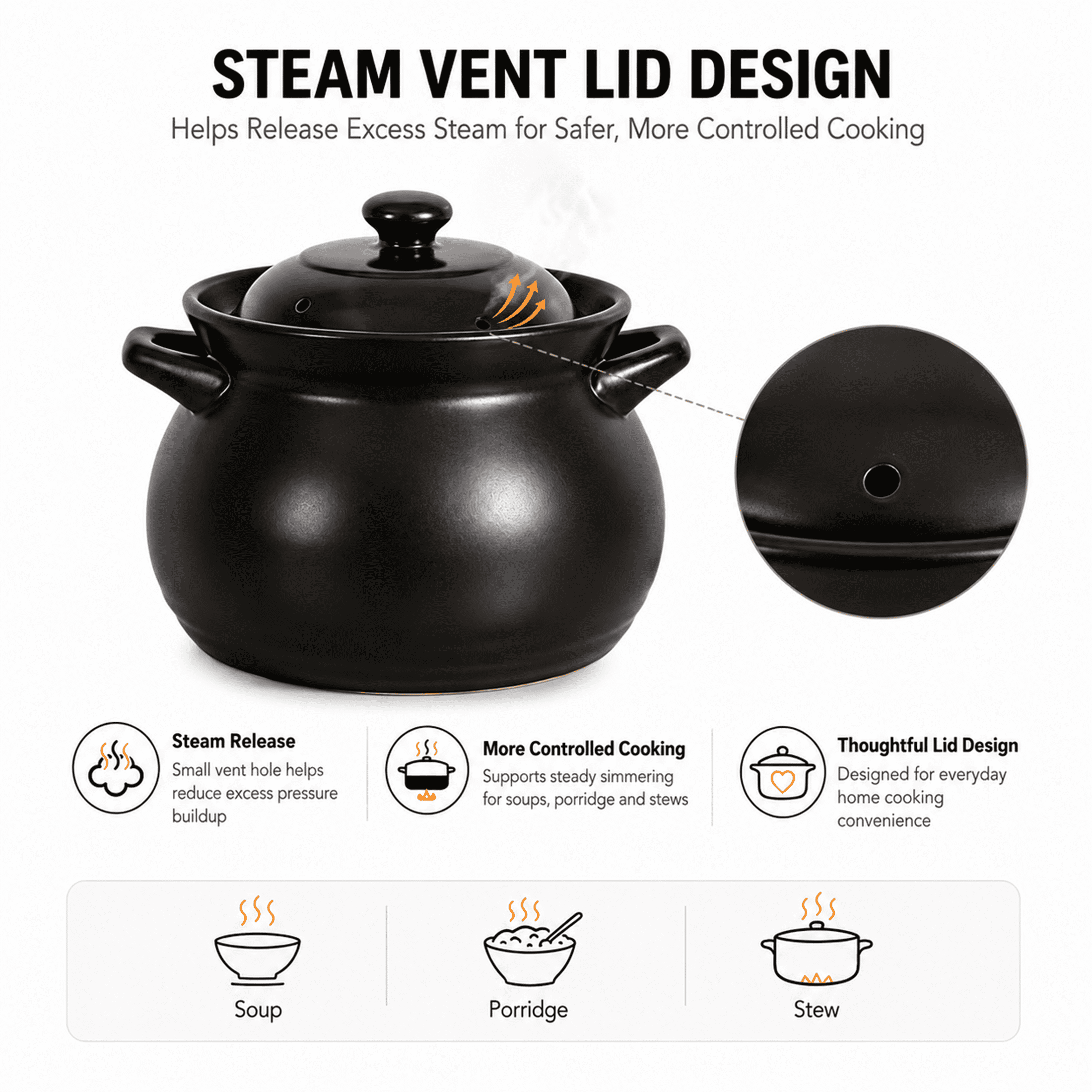 4 Quart Cauldron Slow Cooker with No Removable Crock Hard Porcelain Enamel Nonstick Covered Ceramic Casserole Pot, Nutrient-Rich Soup & Porridge Pot for Gas Stoves
