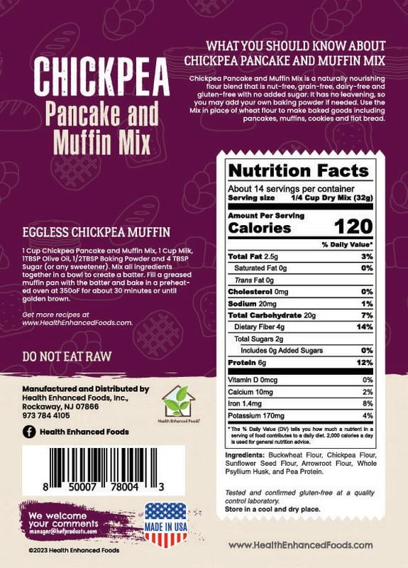 Chickpea Pancake & Muffin Mix [2-Pack, 16 oz] - Gluten-Free, Nut-Free, Low-Net Carb, Grain-Free, Soy-Free, Dairy-Free, No Added Sugar, Lower Glycemic Impact