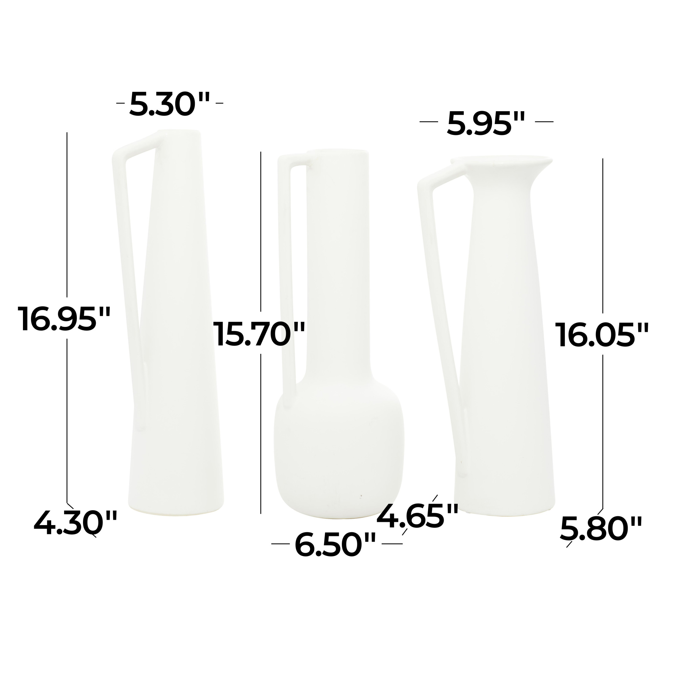 CosmoLiving by Cosmopolitan 17", 16", 16"H White Ceramic Vase with Sleek Handles, Set of 3