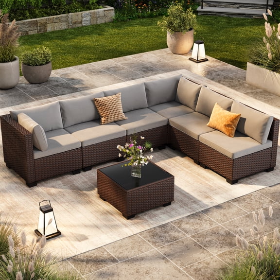 Lofka 7-Piece Patio Furniture Set - All-Weather Conversation Set with Cushions and Glass Coffee Table | Seats 6 | Perfect for Garden, Lawn, or Balcony | Grey