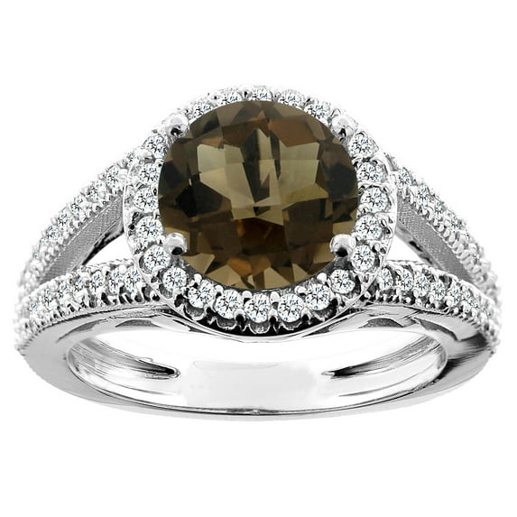 10K White Gold Natural Smoky Topaz Ring Round 8mm Diamond Accent, size 9.5