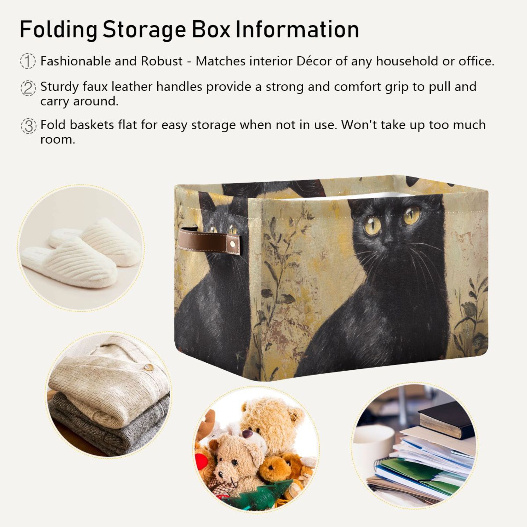 WOBOGO Black Cat with Oil Painting Style Square Storage Basket with Waterproof Canvas and PE Lining Durable PU Leather Handles 14.2×10.2×8.3in