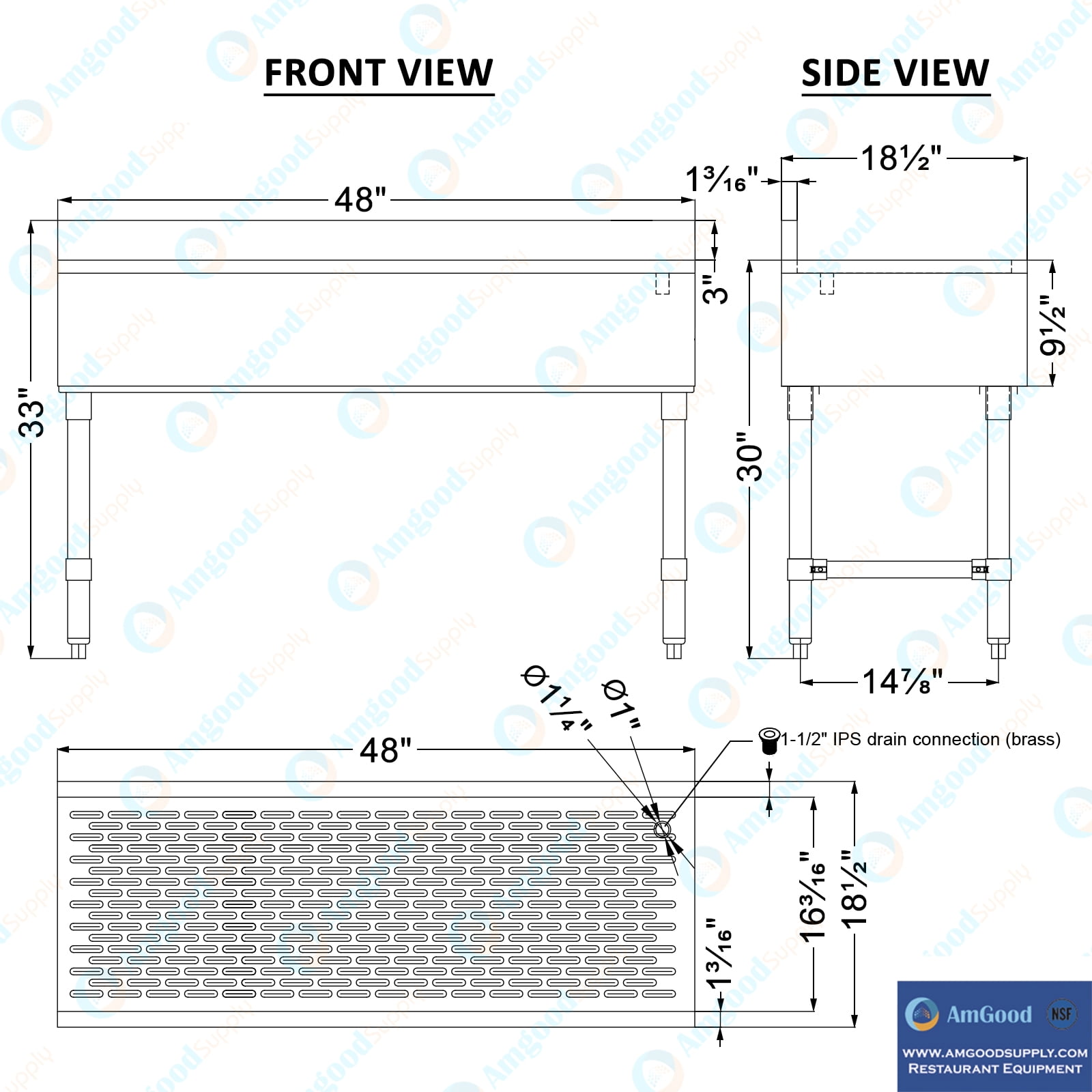 Underbar Stainless Steel Drainboard 18-1/2 in. x 48 in. x 30 in. H with 3 in. Backsplash
