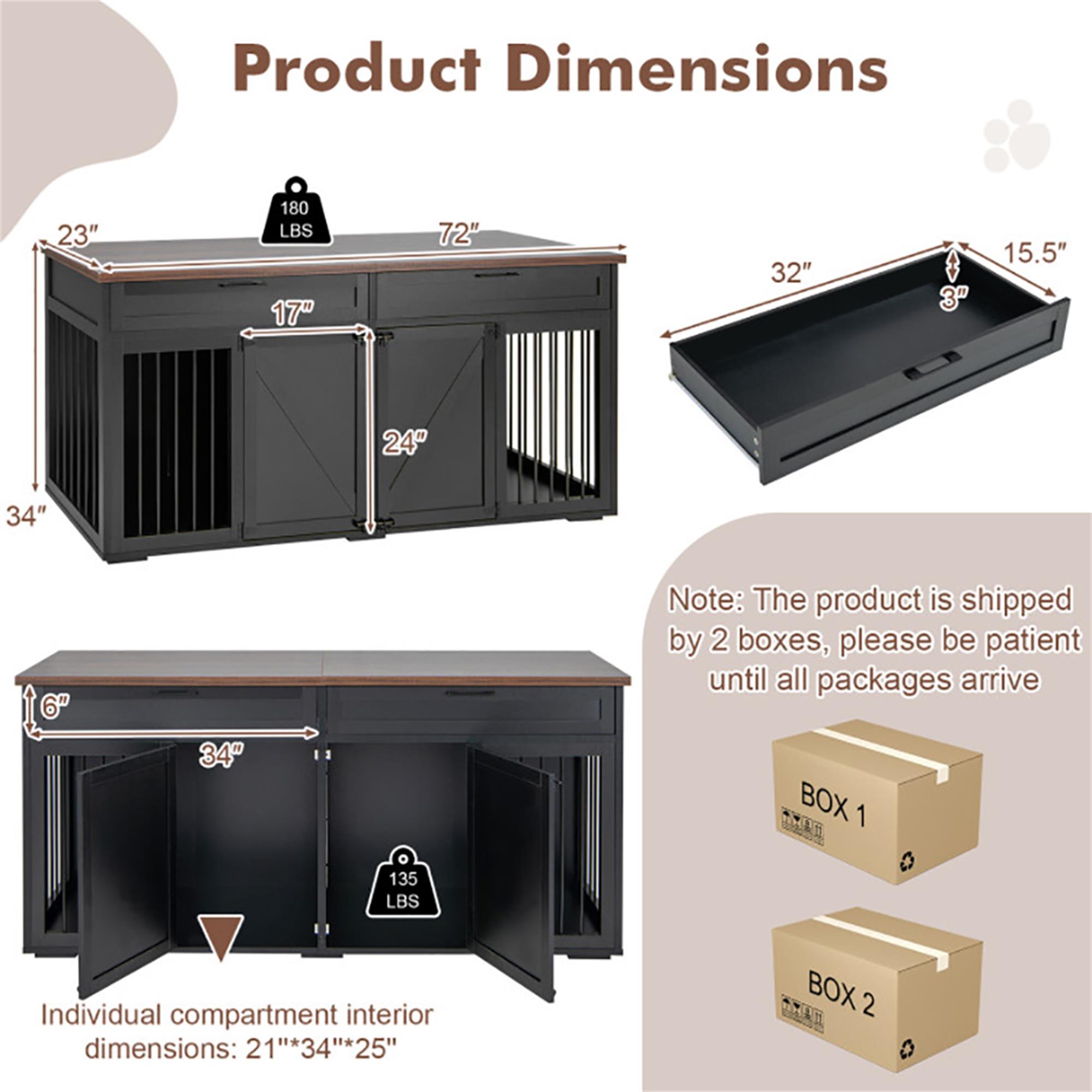 Kadyn 72" Double Door Dog Crate with Partition for Two Puppies, Furniture Style Dog Cages, Indoor Wood Kennel with Room Divider, Black