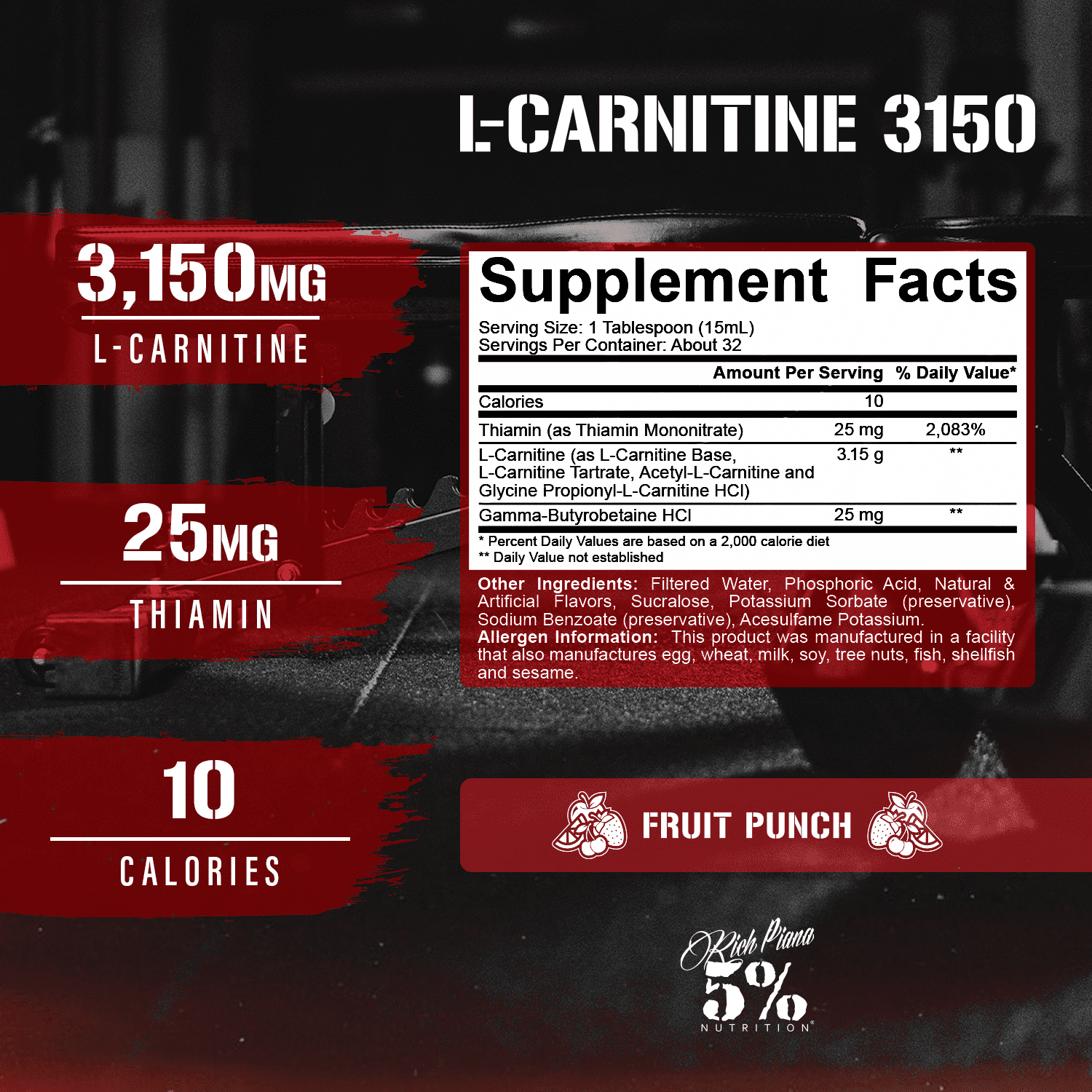 5% Nutrition Rich Piana Liquid L-Carnitine 3150 4 Source Blend with GBB (Fruit Punch)